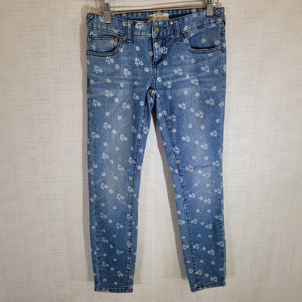 READ Free People Jeans Womens 25 28x26 Blue Skinny Floral Pattern Denim Stretch